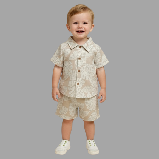 New Leaf Print Shirt & Shorts Set for Kids | Unisex Rayon Co-Ord Summer Cotton Outfit | Regular Fit Casual Wear Clothing for Baby & Toddler Boys