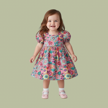New Pink Color-Full Flower printed Baby Girls Frock With sleeve, Daily wear Frocks
