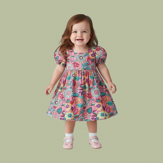 New Pink Color-Full Flower printed Baby Girls Frock With sleeve, Daily wear Frocks
