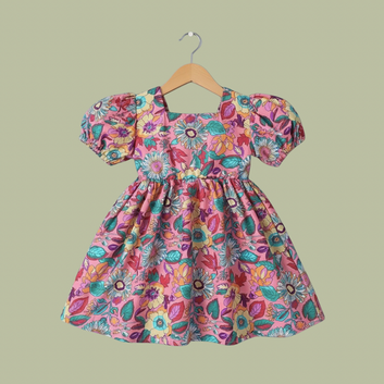New Pink Color-Full Flower printed Baby Girls Frock With sleeve, Daily wear Frocks