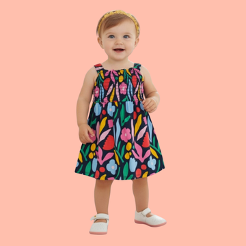 Sleeves less  Floral Print - Multicolor  Frock with Grip Style, Baby Girls Frock, Daily Wear Frock