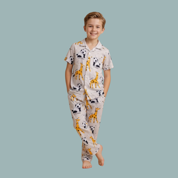 Unisex Kids Cartoon Cute Little Giraffe Prints Co-ord Set | Cute Button-Down Sleepwear | Twiny Co-ort Set | Daily Wear