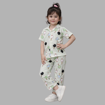 Kids Fun Popsicle Print Nightsuit Set, Cute Boys & Girls Pajama Pair, Light Green Ice Cream Pattern Loungewear
