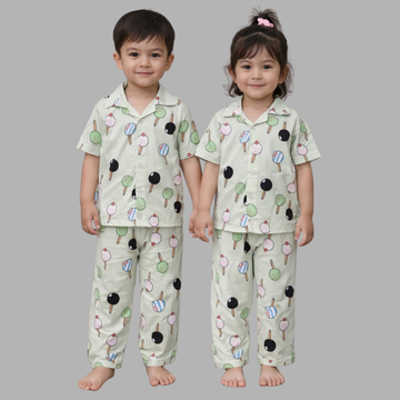 Kids Fun Popsicle Print Nightsuit Set, Cute Boys & Girls Pajama Pair, Light Green Ice Cream Pattern Loungewear