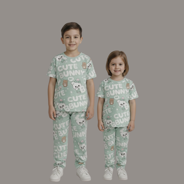 Light Green Kids Bunny Printed Co-ords Set, Twins Co-Ord Set, Daily Wear