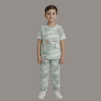 Light Green Kids Bunny Printed Co-ords Set, Twins Co-Ord Set, Daily Wear
