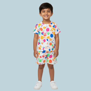 Kids Printed T-shirt with Shorts,2-Piece Coord Set - Half Sleeve Button-Down Shirt and Shorts, Trendy Graphic Print Daywear & Nightwear Outfit,