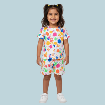 Kids Printed T-shirt with Shorts,2-Piece Coord Set - Half Sleeve Button-Down Shirt and Shorts, Trendy Graphic Print Daywear & Nightwear Outfit,