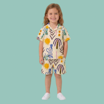 Sun Print Print Unisex Rayon Cotton Co-Ord Set Featuring A Short Sleeved Button Down Shirt And Matching Shorts Both In A Whiteprinted Base With A Sutiable Sun Print Lightweight Summer Set