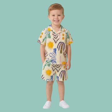Sun Print Print Unisex Rayon Cotton Co-Ord Set Featuring A Short Sleeved Button Down Shirt And Matching Shorts Both In A Whiteprinted Base With A Sutiable Sun Print Lightweight Summer Set