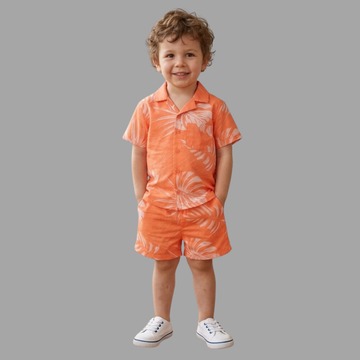 Unisex Leaf Print Shirt & Shorts Set for Kids | Unisex Rayon Co-Ord Summer Cotton Outfit | Regular Fit Casual Wear Clothing for Baby & Toddler Boys