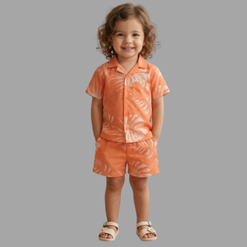 Unisex Leaf Print Shirt & Shorts Set for Kids | Unisex Rayon Co-Ord Summer Cotton Outfit | Regular Fit Casual Wear Clothing for Baby & Toddler Boys