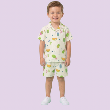 Unisex White Green Fruit Ice-cream Print Co-ord Set, Summer Best Clothing, Daily Wear, Night Wear