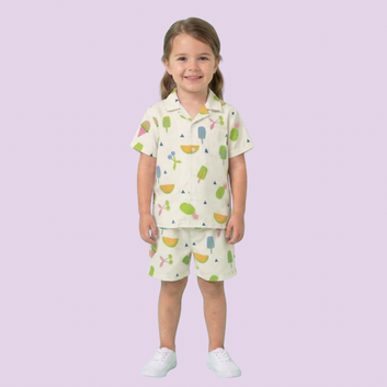 Unisex White Green Fruit Ice-cream Print Co-ord Set, Summer Best Clothing, Daily Wear, Night Wear