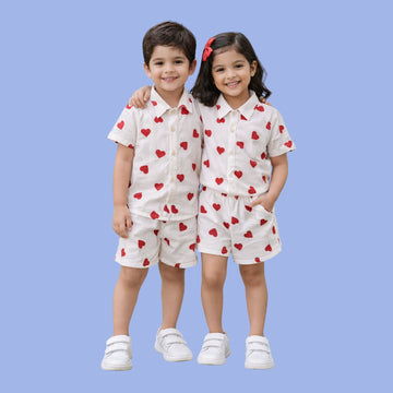 Trendy Heart Print Co-Ord Set for Boy & Girls, Half sleeve Kids Co-Ord Set, digital print Shirt & Shorts set