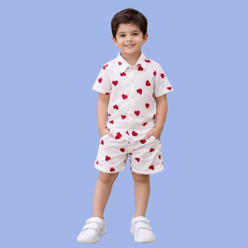 Trendy Heart Print Co-Ord Set for Boy & Girls, Half sleeve Kids Co-Ord Set, digital print Shirt & Shorts set