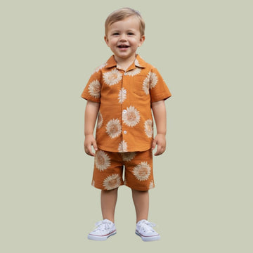 Orange Flower Print Sibling Co-Ord Set / Kids Boys & Girls / Cotton Rayon Halfsleeves Co-ord Set with Shirt & Shorts/ Vacation wear / Daily Wear / Night Wear/ Unisex Clothing Set