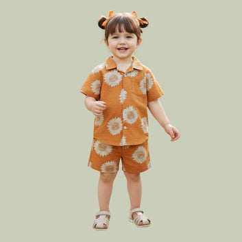 Orange Flower Print Sibling Co-Ord Set / Kids Boys & Girls / Cotton Rayon Halfsleeves Co-ord Set with Shirt & Shorts/ Vacation wear / Daily Wear / Night Wear/ Unisex Clothing Set