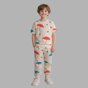 Cute Umbrella Print Co-ord Set, Kids Matching Red & Blue Rain Pattern Loungewear, Twins  Night Wear