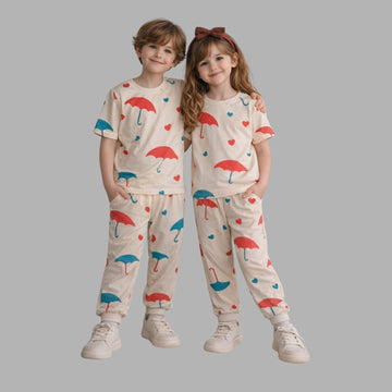 Cute Umbrella Print Co-ord Set, Kids Matching Red & Blue Rain Pattern Loungewear, Twins  Night Wear